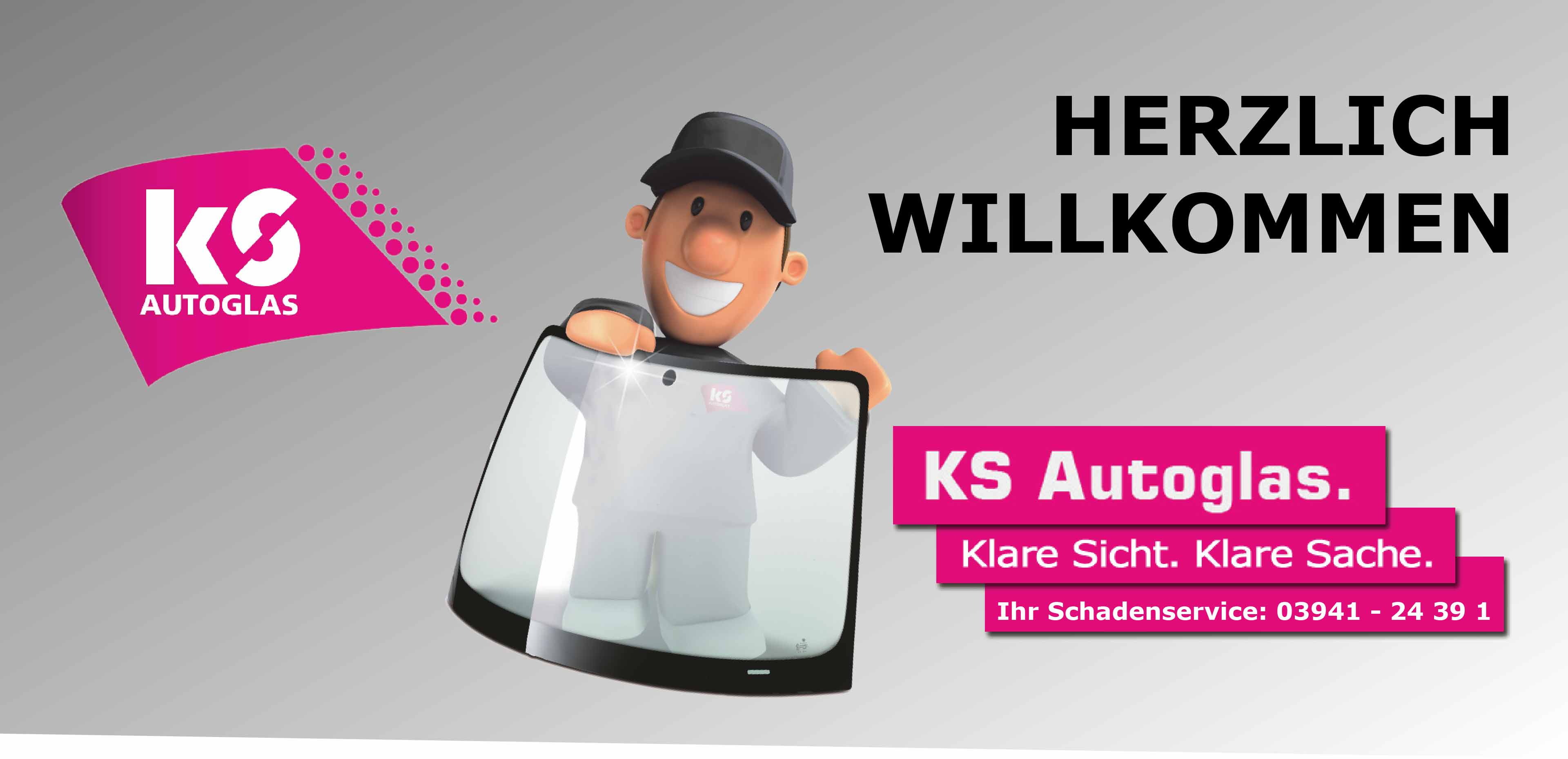 Bild zeigt das Maskottchen von KS Autoglas mit der Telefonnummer für den Schadensservice.
